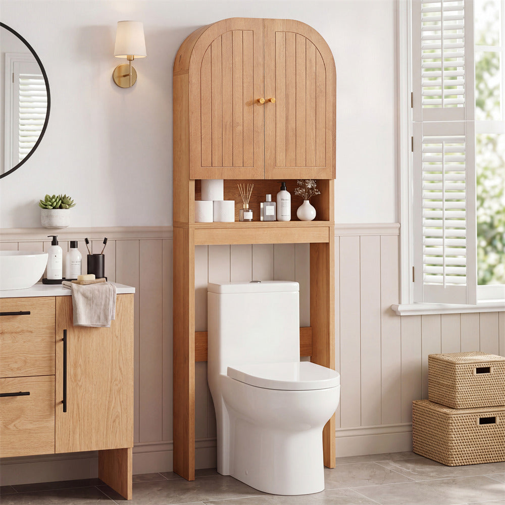 Caramel 70" Tall Over Toilet Storage Cabinet with Fluted Grooved Doors