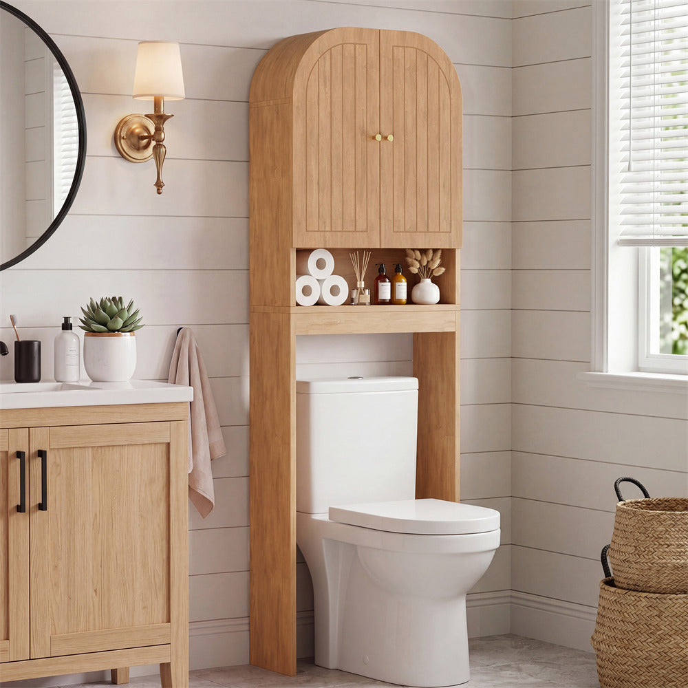 Caramel 70" Tall Over Toilet Storage Cabinet with Fluted Grooved Doors