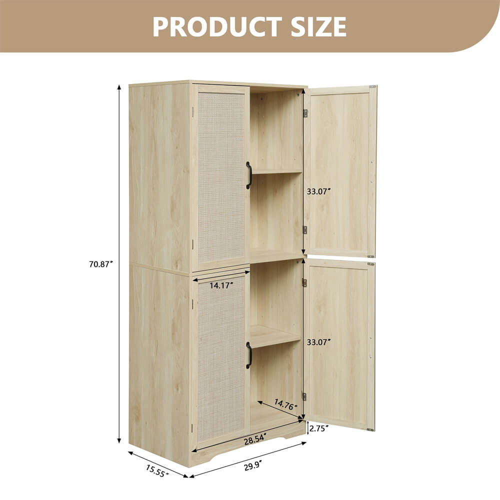 Rattan Storage Cabinet Freestanding Kitchen Pantry Cabinet with 4 Door ...