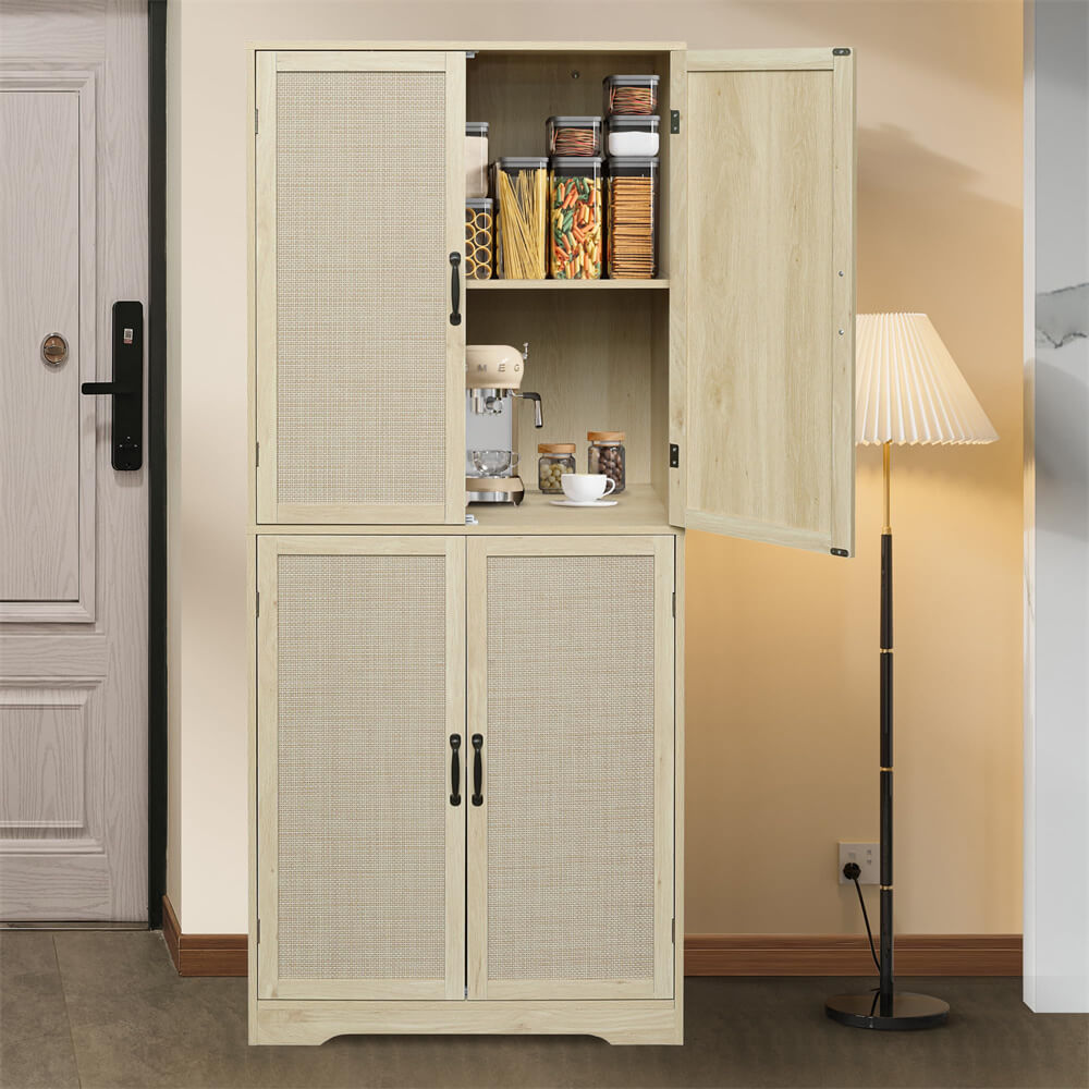 Cream farmhouse Rattan Storage Cabinet Freestanding Kitchen Pantry Cabinet