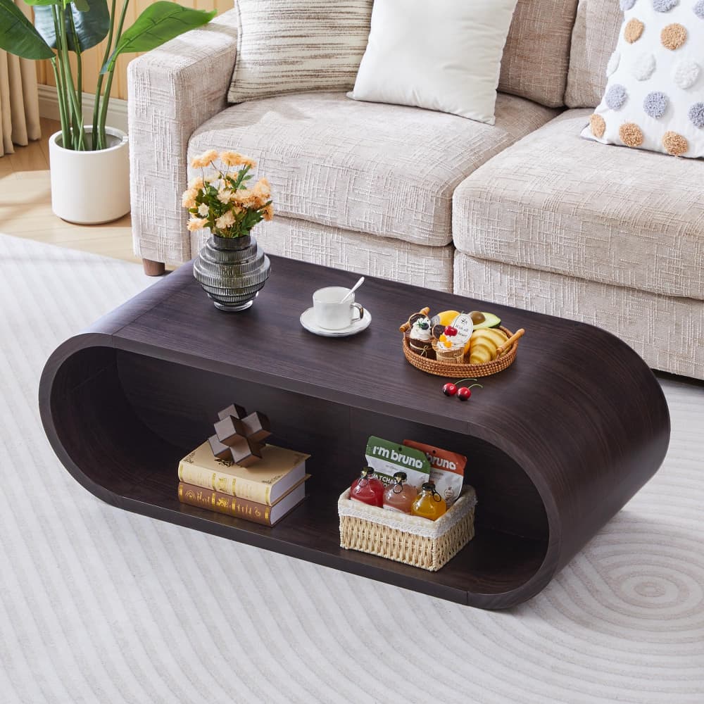 Dark 47'' Oval Coffee Table 2-Tier Center Table with Storage Shelf