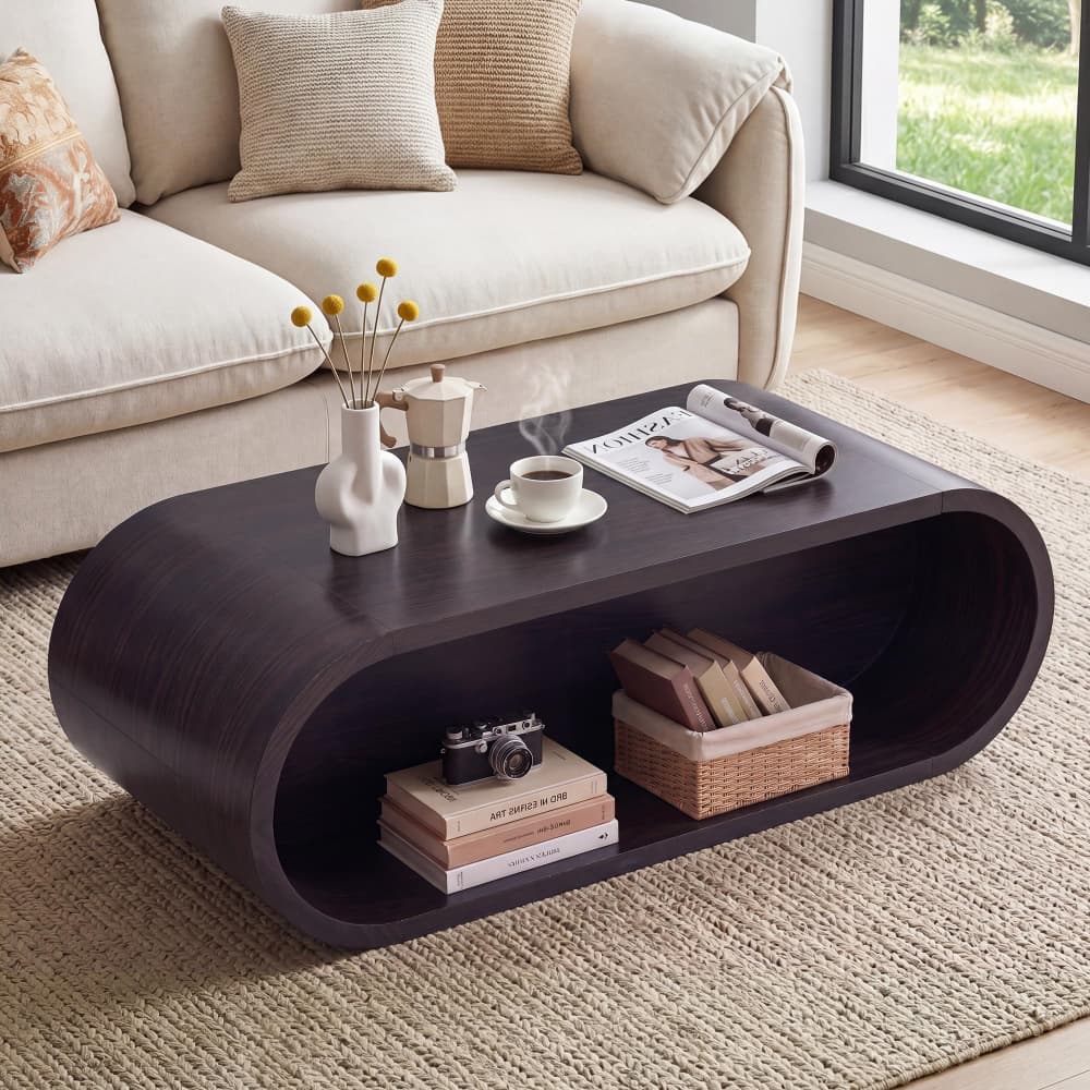 Dark 47'' Oval Coffee Table 2-Tier Center Table with Storage Shelf