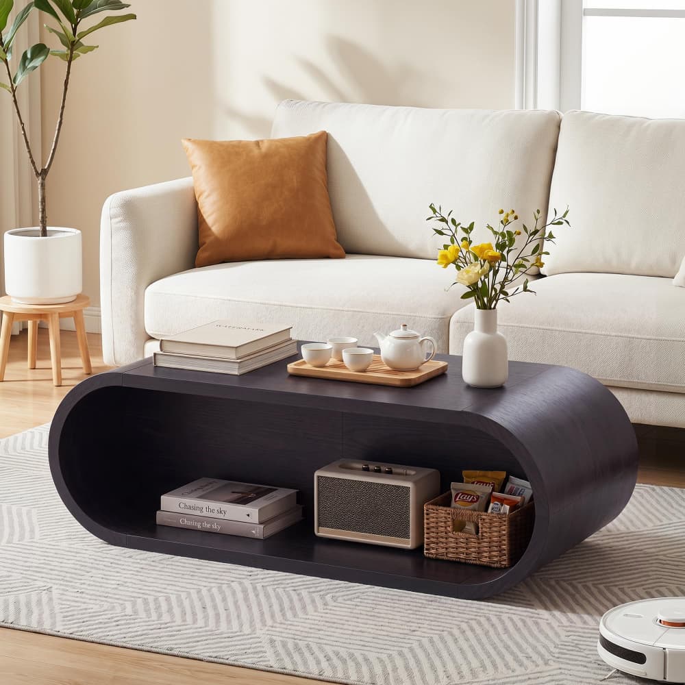 Dark 47'' Oval Coffee Table 2-Tier Center Table with Storage Shelf