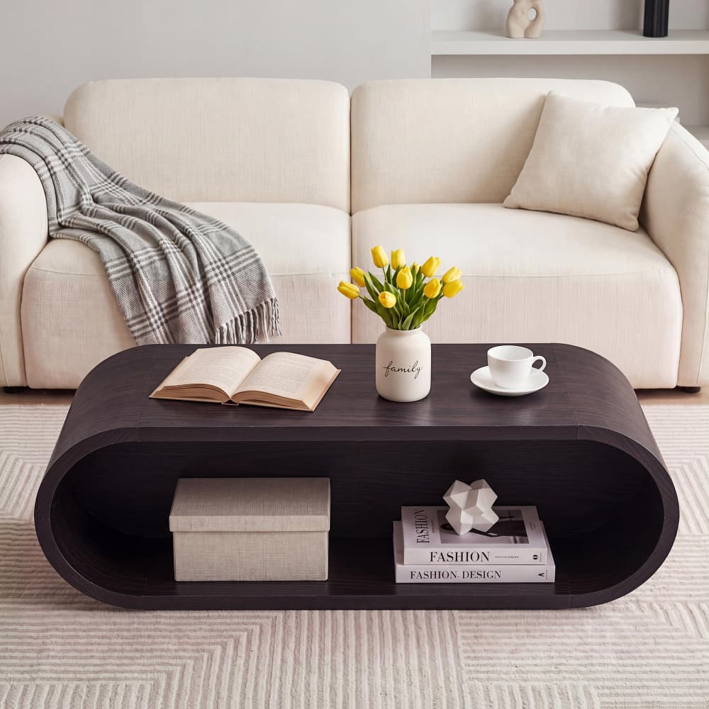 Dark 47'' Oval Coffee Table 2-Tier Center Table with Storage Shelf