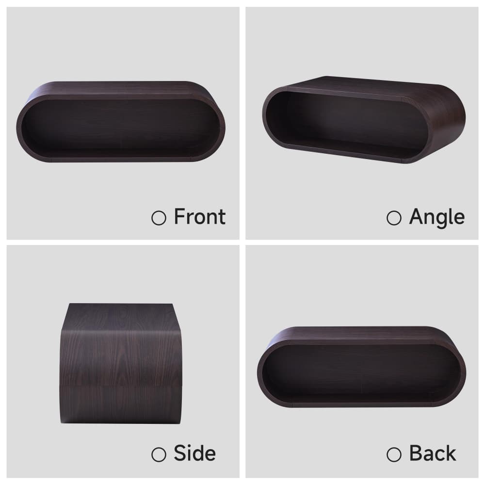 A 2x2 product view grid showing a dark brown wooden floating shelf from four angles: front, angle, side, and back, on a light gray background with labels.