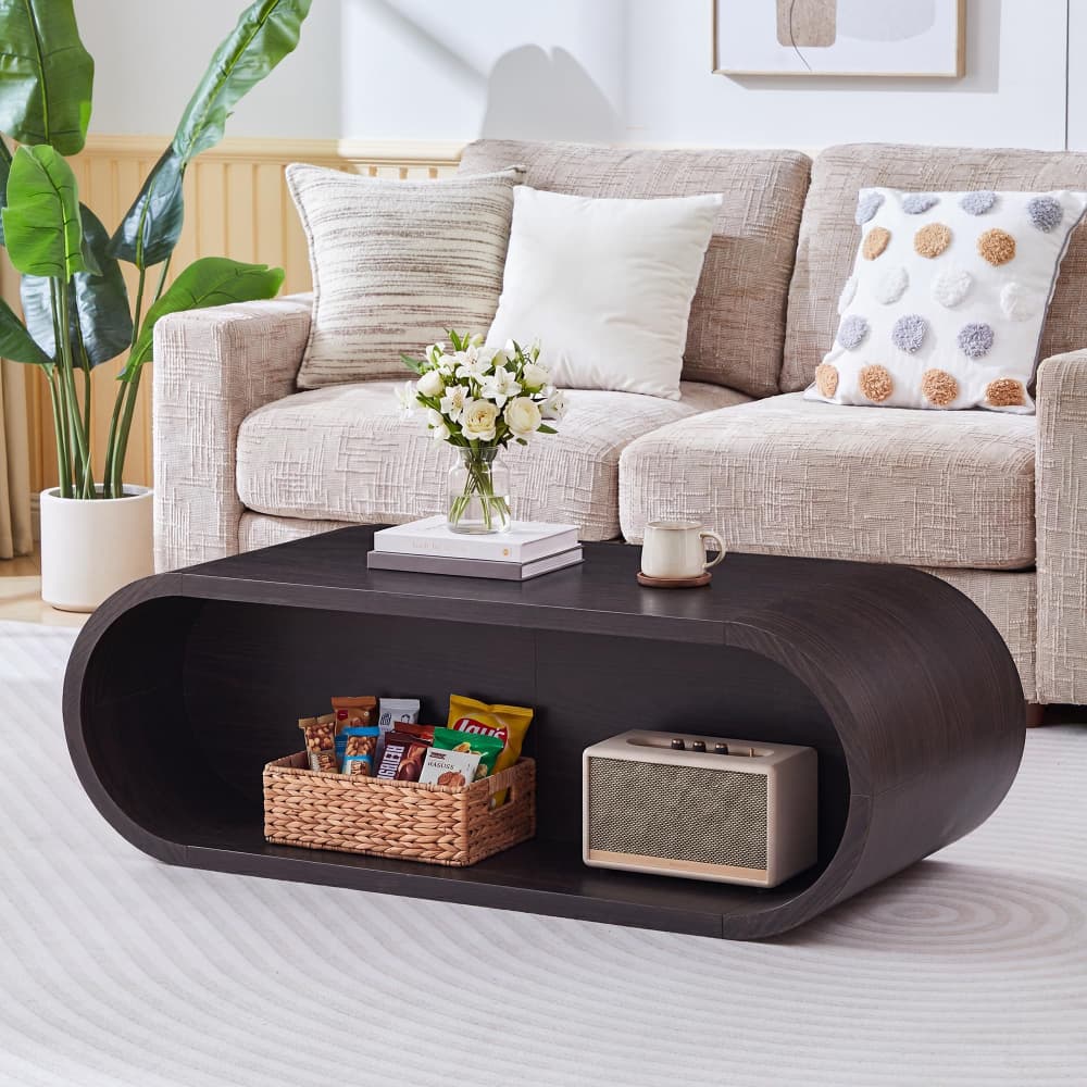 Dark 47'' Oval Coffee Table 2-Tier Center Table with Storage Shelf