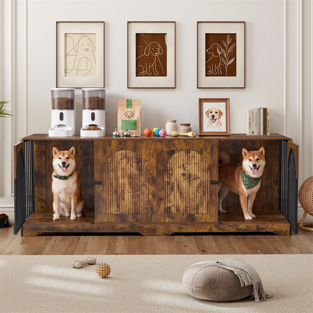 A rustic wooden pet console table with black metal legs, styled in a living room with two Shiba Inu dogs standing on its shelves, pet toys, automatic waterers, and framed wall art.