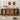 A rustic wooden pet console table with black metal legs, styled in a living room with two Shiba Inu dogs standing on its shelves, pet toys, automatic waterers, and framed wall art.
