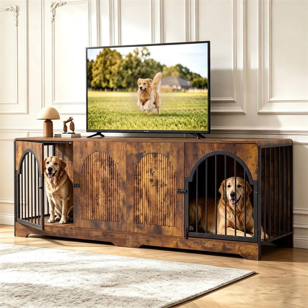 Dark Brown 87" Extra Large Double Dog Crate with Removable Divider Arched and Metal Doors