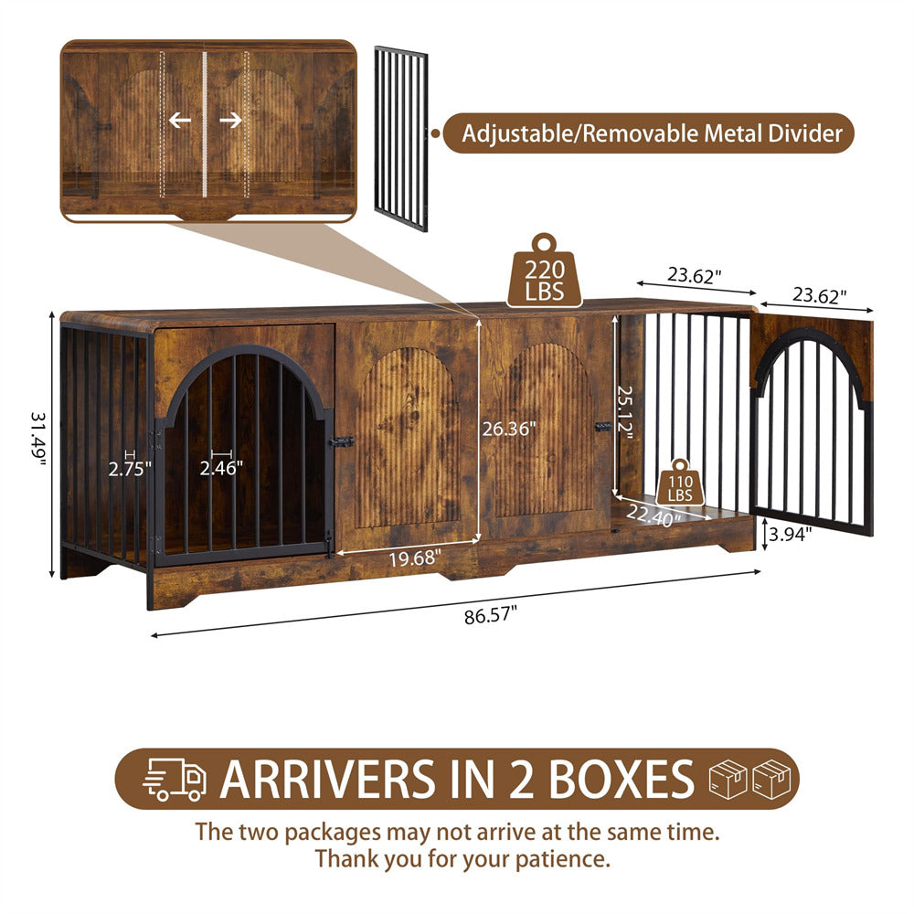 A product diagram of a wooden pet dog crate shown in two boxes, with dimension labels, weight markings, and an inset showing the adjustable metal divider.