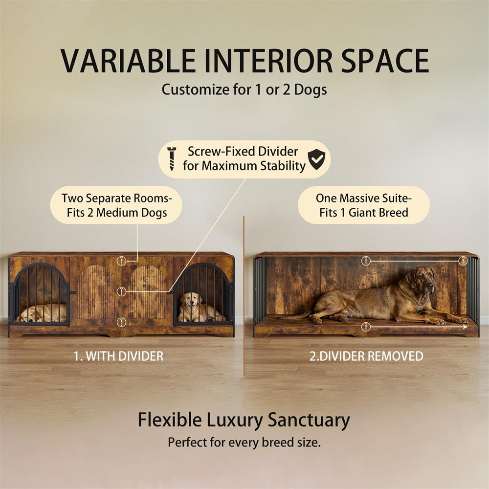 An infographic showing a wooden dog crate in two configurations: one with a screw-fixed divider for two medium dogs, and one without the divider for a giant breed. The image includes text explaining the 'Variable Interior Space' and 'Screw-Fixed Divider for Maximum Stability'.