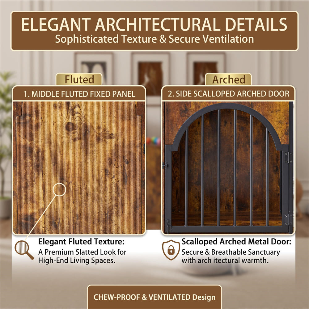 An informational graphic showing two wood-textured door options for a pet gate: a fluted fixed panel on the left and a scalloped arched metal door on the right, with labels and descriptive text on a softly blurred interior background.