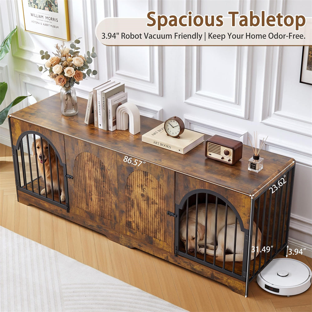 A brown wooden pet playhouse with two arched dog doors and a spacious tabletop, shown in a styled home interior with a dog inside, a robot vacuum nearby, and overlaid dimensions and text about space.