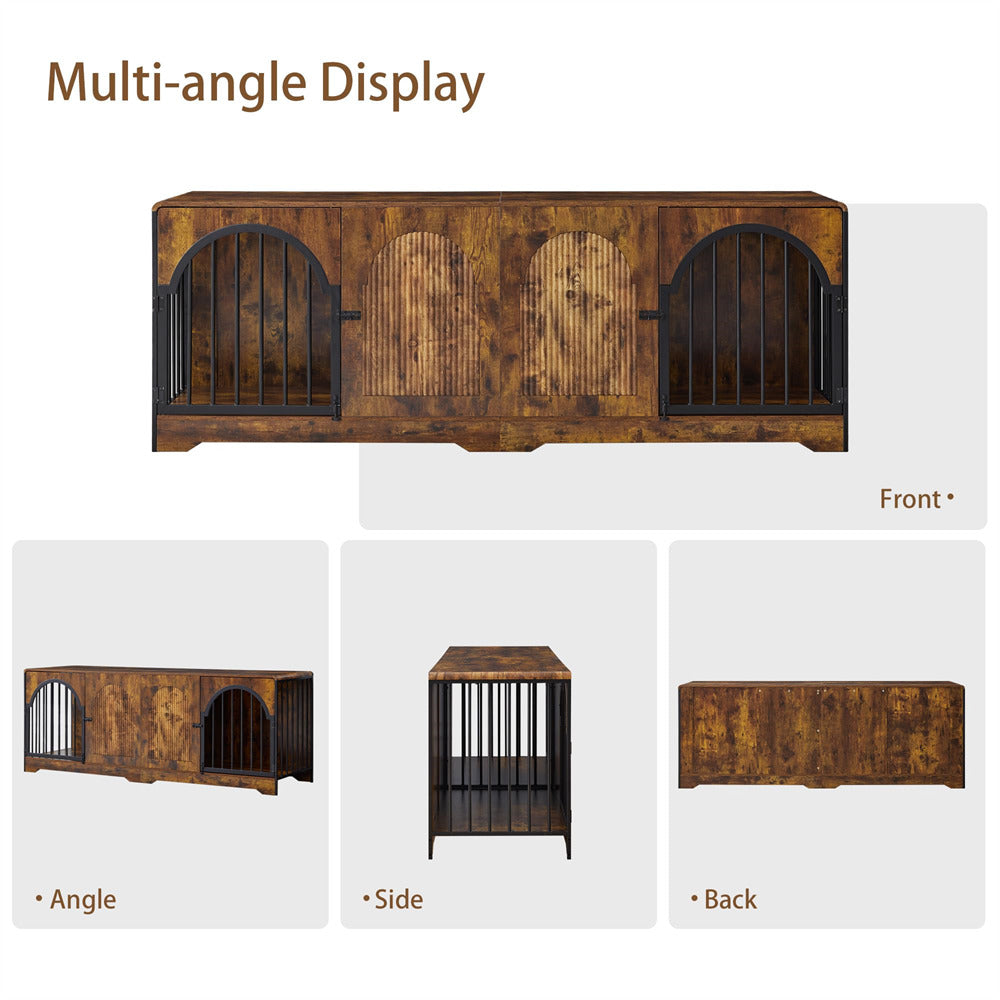 Multi-angle product display of a wooden pet crate shown from front, side, and back views on a light gray background with brown text labels.