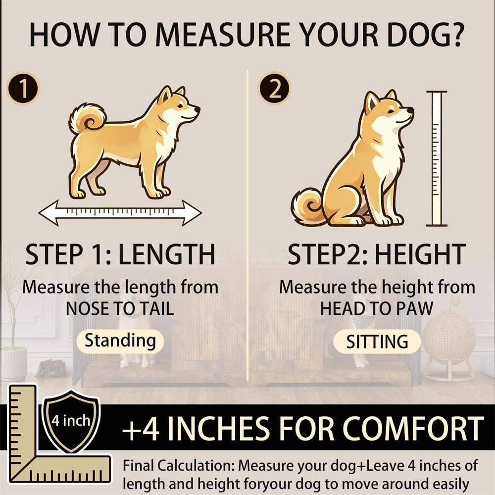 An infographic titled 'HOW TO MEASURE YOUR DOG?' with two illustrated panels showing how to measure a dog's length while standing and height while sitting. The graphic includes measurement guides, a 4-inch comfort margin, and a small ruler illustration.