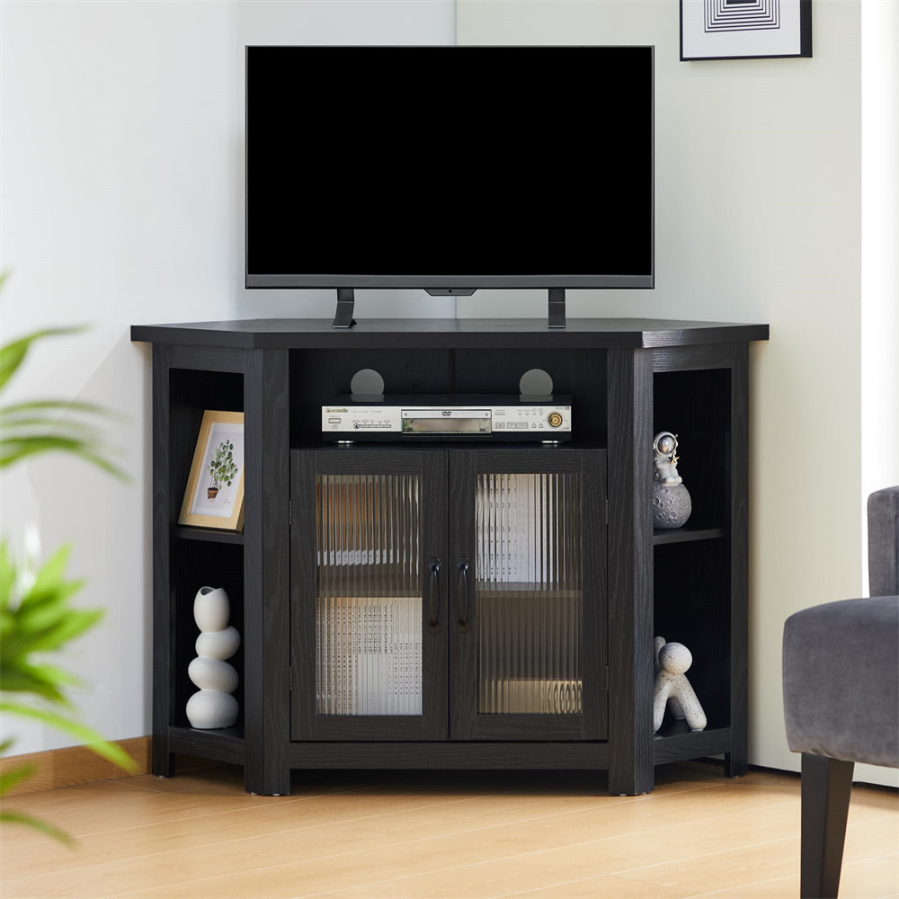 Farmhouse Black Corner TV Stand Media Console Table with 2 Doors and Adjustable Shelves