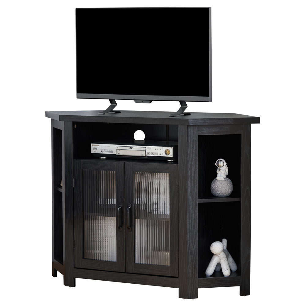 Farmhouse Black Corner TV Stand Media Console Table with 2 Doors and Adjustable Shelves