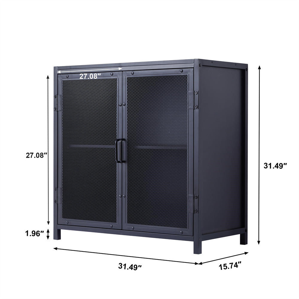 Free Standing Sideboard Coffee Cabinet Black Modern Storage Cabinet with Iron Grid Doors Size