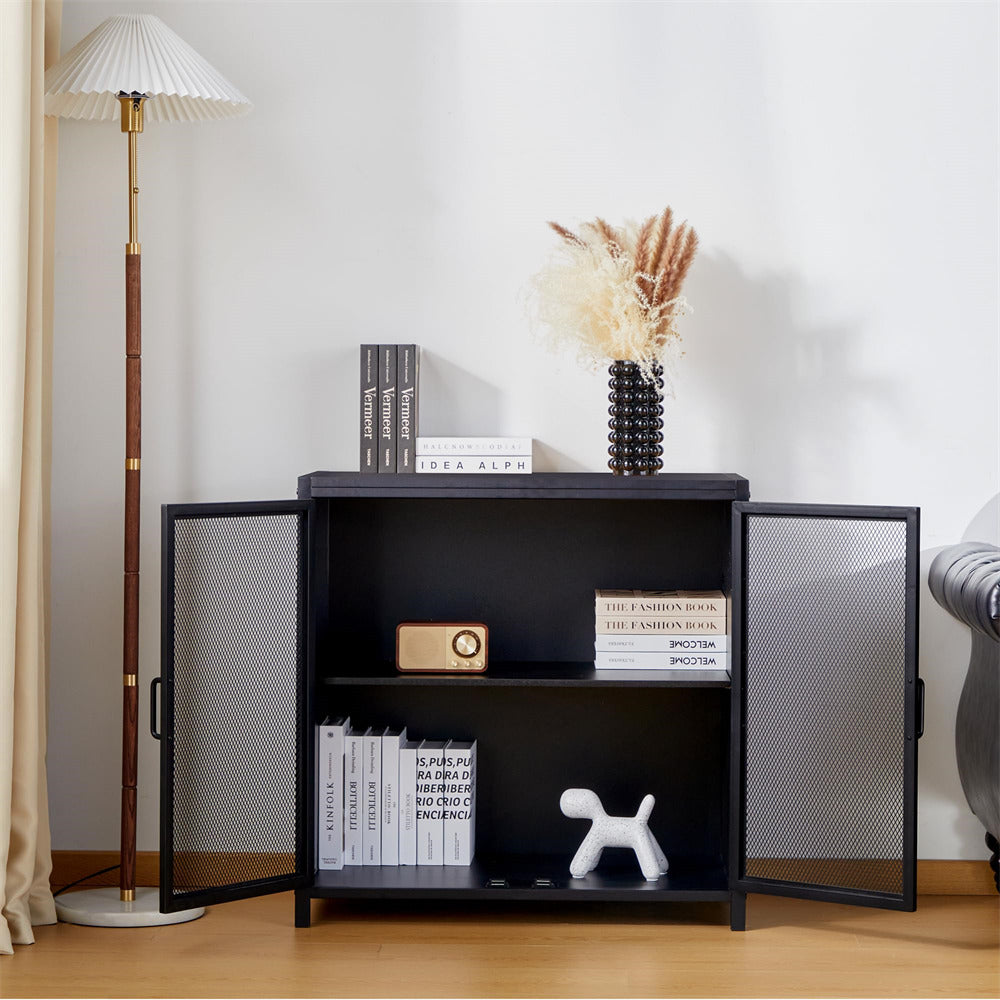 Free Standing Sideboard Coffee Cabinet Black Modern Storage Cabinet with Iron Grid Doors