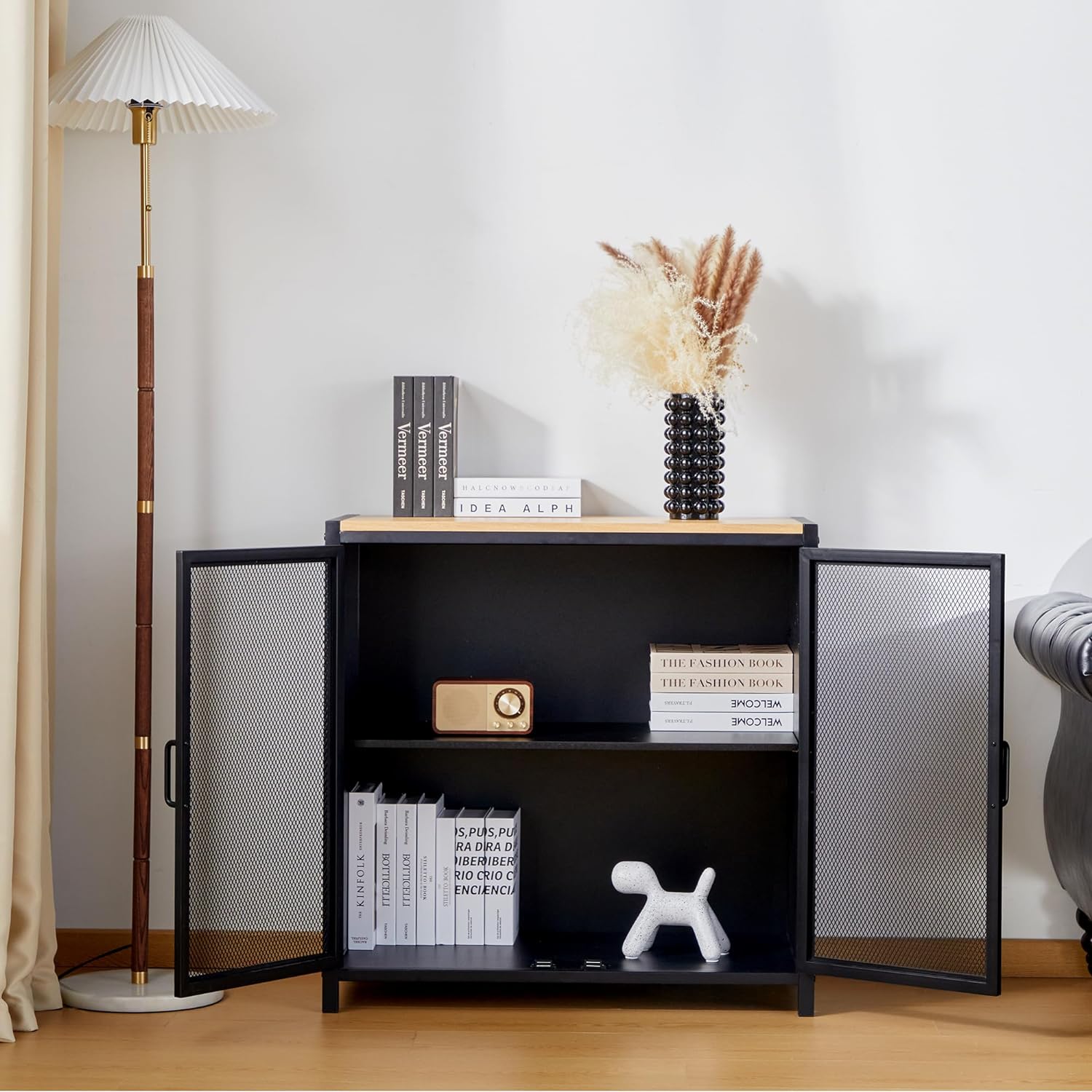 Free Standing Sideboard Coffee Cabinet Natural Modern Storage Cabinet with Iron Grid Doors