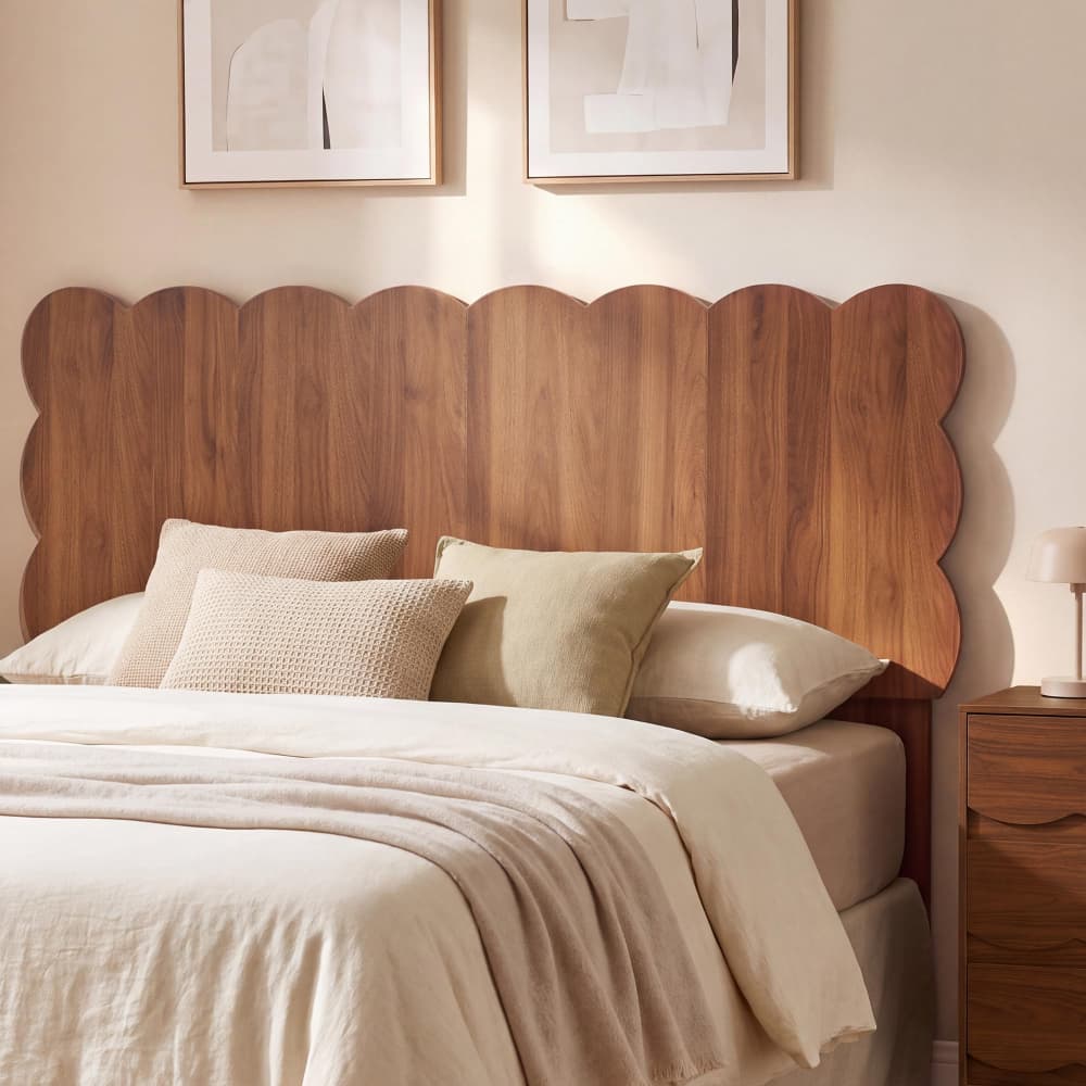 Full Size Scalloped Headboard Freestanding & Wall Mount Walnut Wood Grain Bedroom Dorm Room Bed Frame