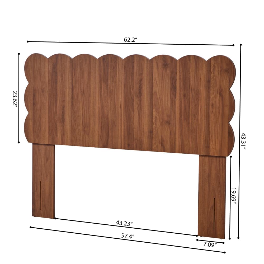 Full Size Scalloped Headboard Freestanding & Wall Mount Walnut Wood Grain Bedroom Dorm Room Bed Frame