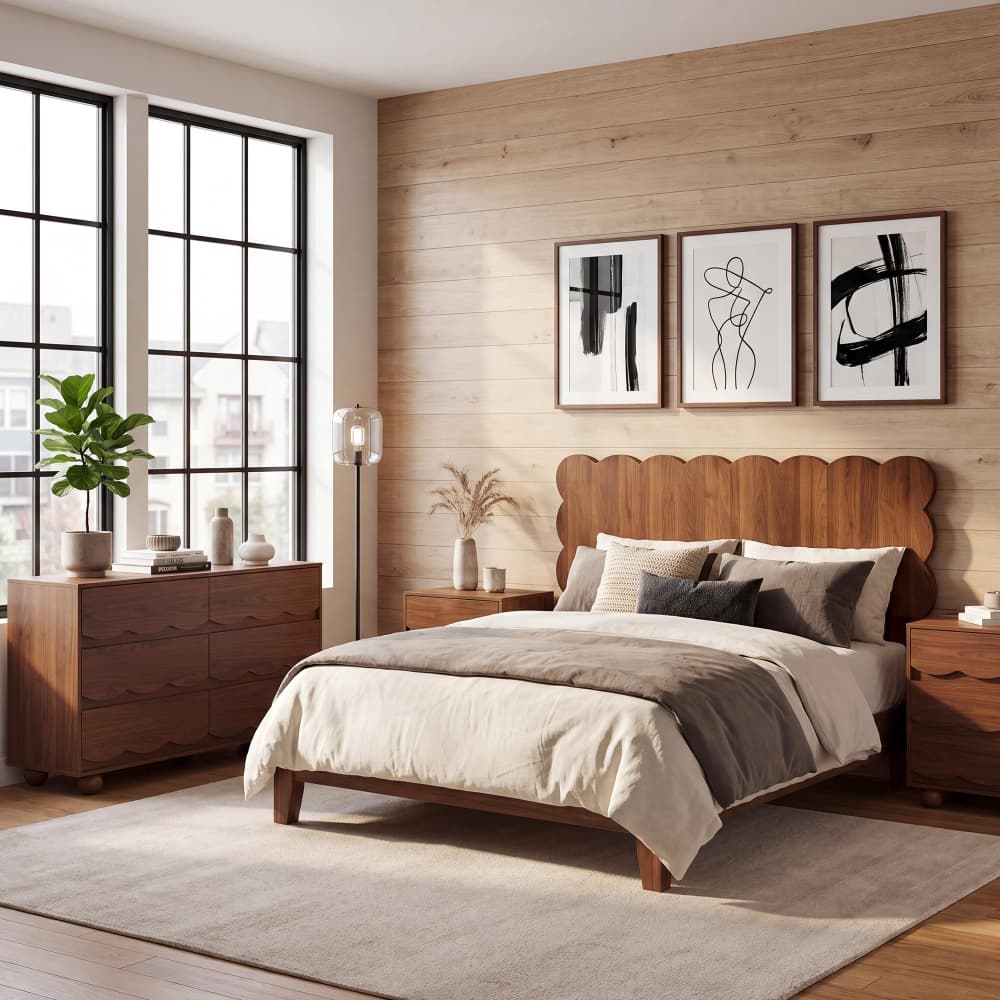 Full Size Scalloped Headboard Freestanding & Wall Mount Walnut Wood Grain Bedroom Dorm Room Bed Frame