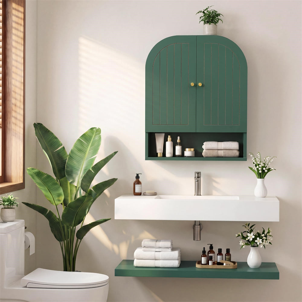 Bathroom interior with green cabinet, white sink, and plants