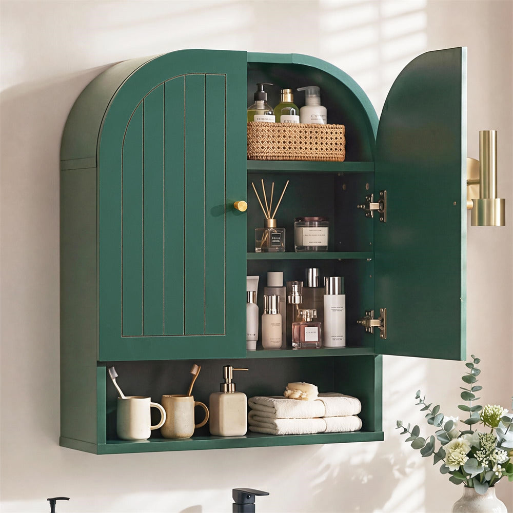 Green wall-mounted cabinet with open doors displaying various bathroom items on a light-colored wall.