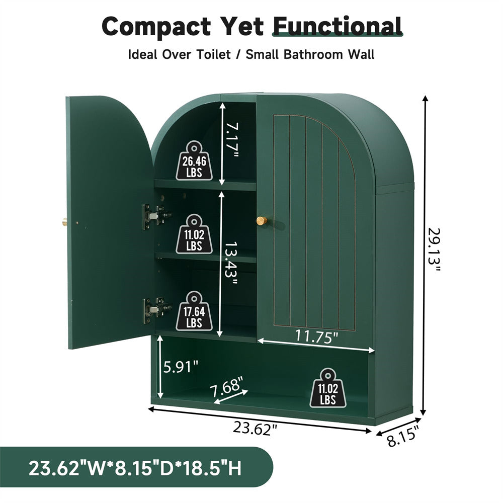 Green storage cabinet with dimensions and weight capacity indicators on a white background
