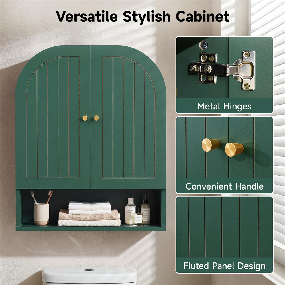 Green cabinet with metal hinges, handle, and fluted panel design in a bathroom setting.