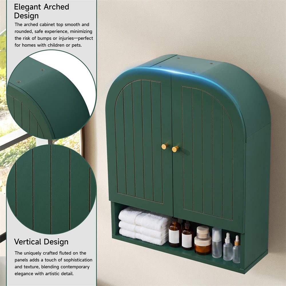 Green wall-mounted cabinet with vertical design and rounded top, featuring towels and bottles.