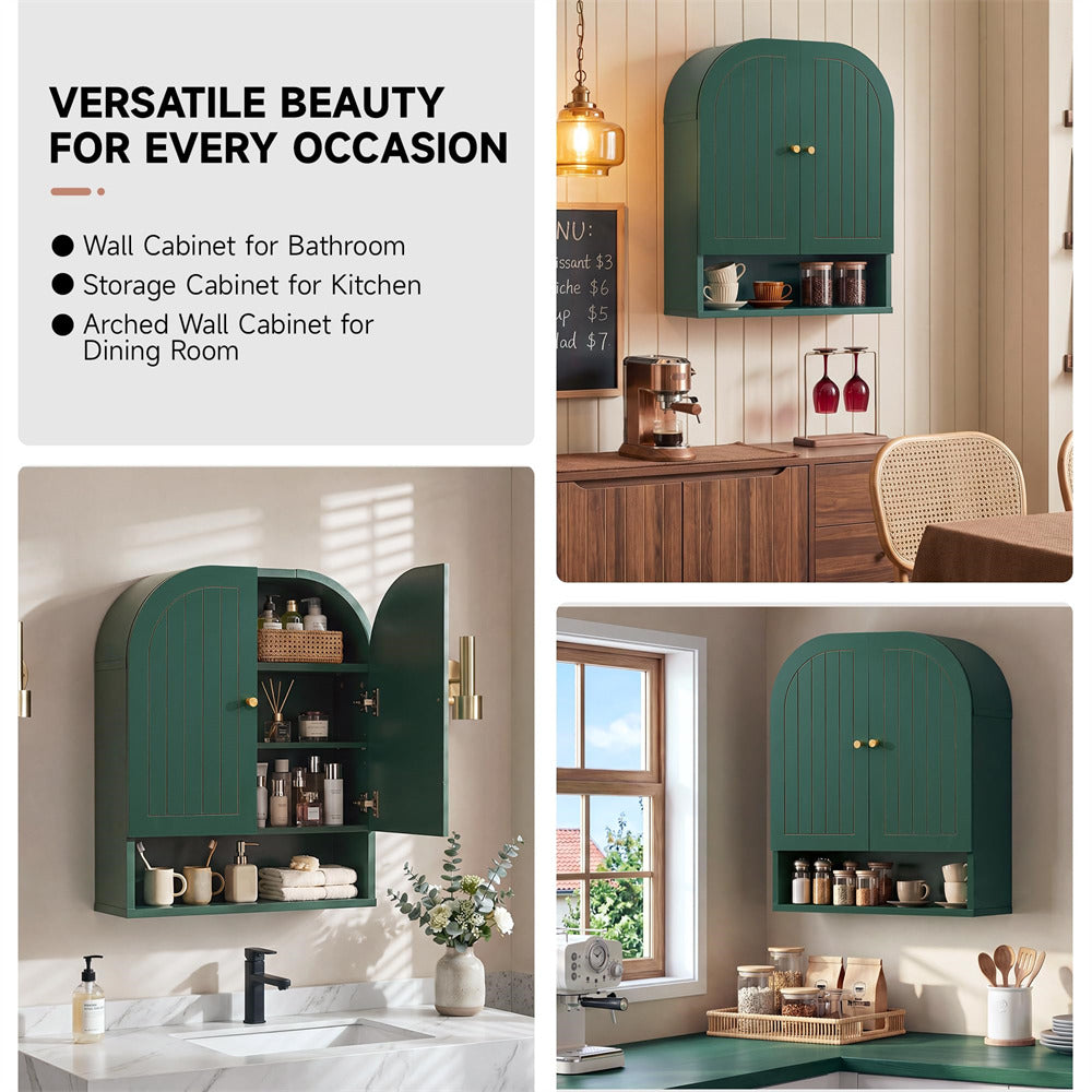 Green wall cabinet shown in various room settings with text highlighting its versatility.