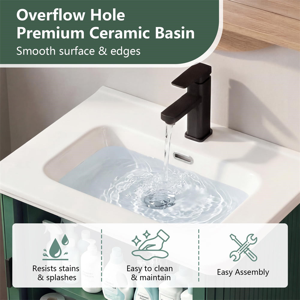 White ceramic basin with running water, black faucet, and text highlighting features.