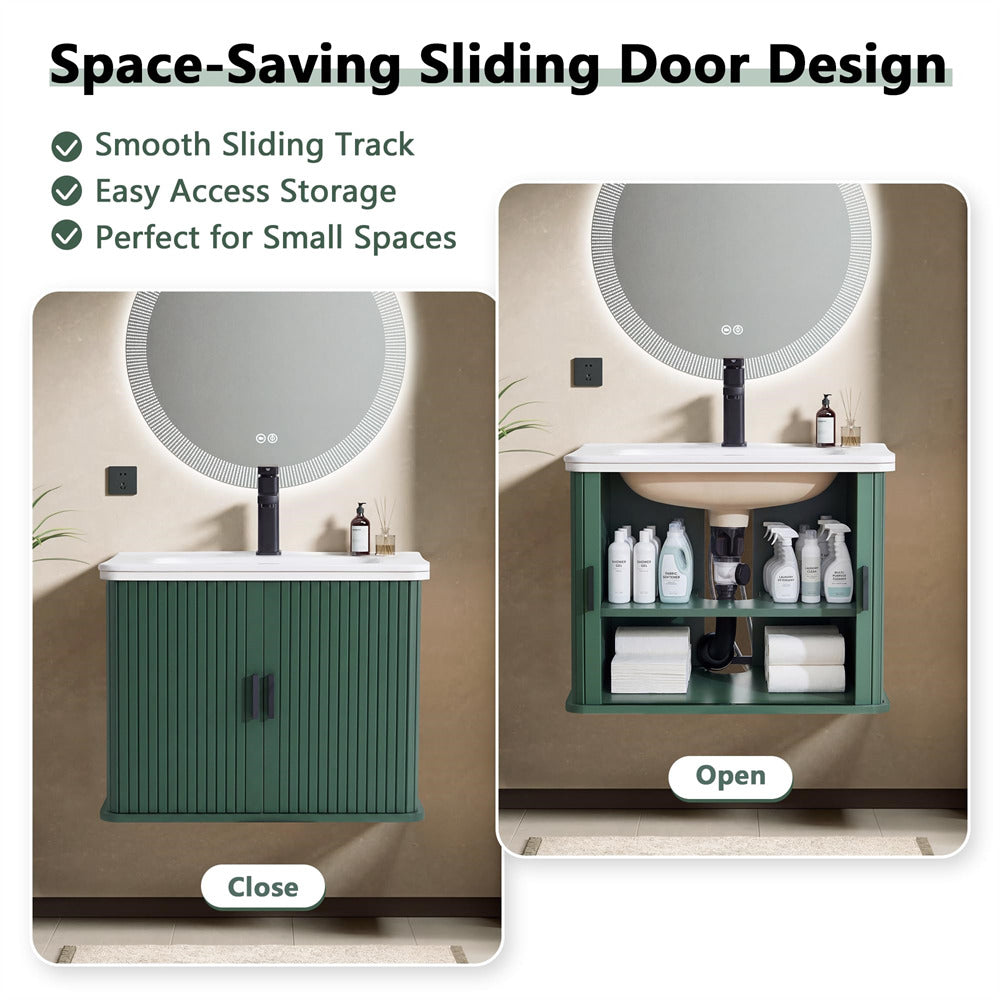 Bathroom vanity with space-saving sliding door design, showing open and closed states.