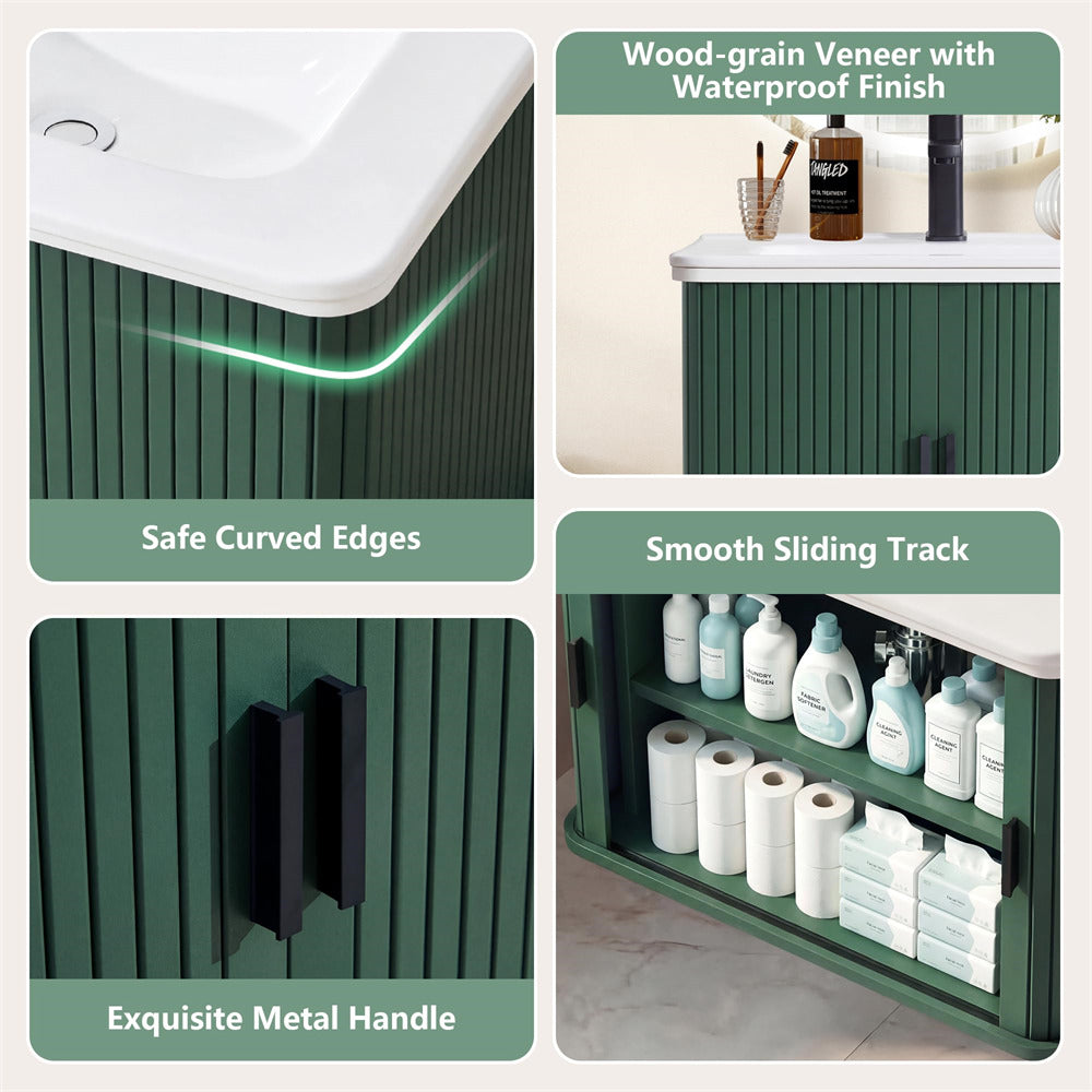 Green under-sink cabinet with features highlighted on a white background