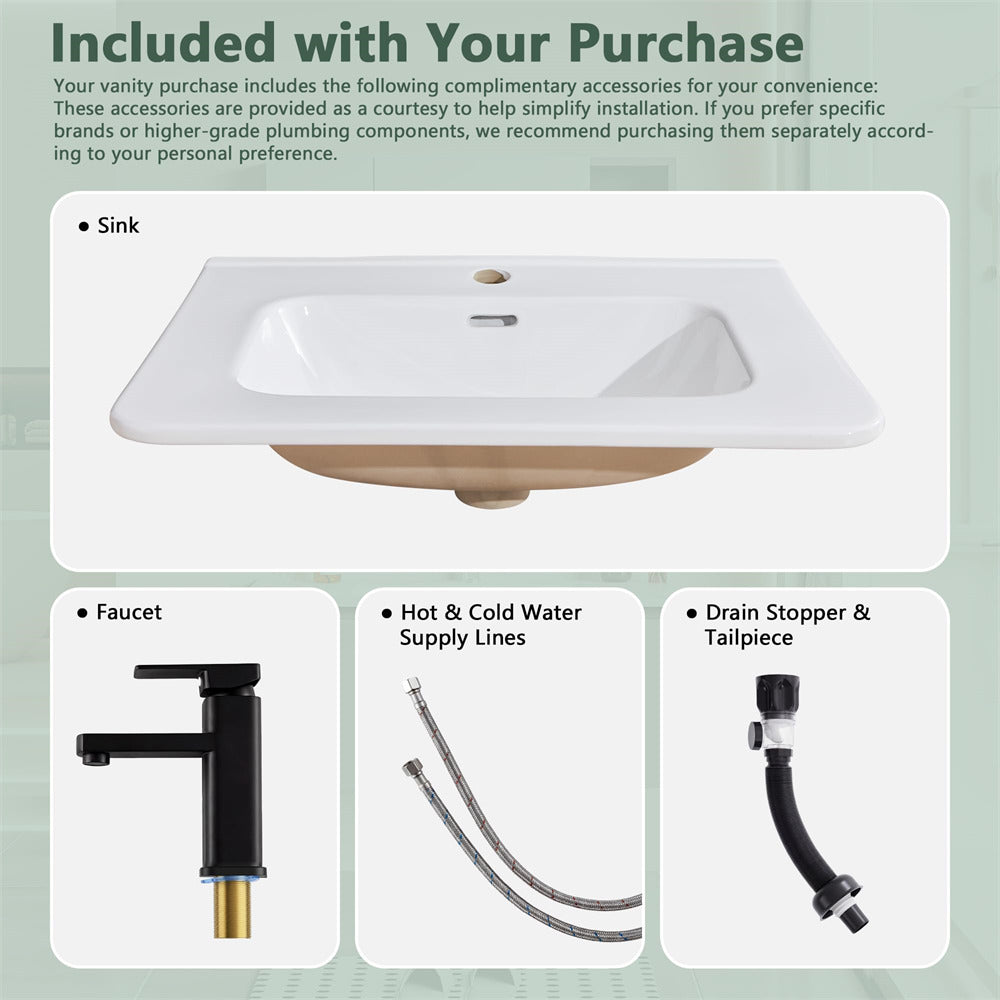 Vanity accessories including a sink, faucet, supply lines, and drain stopper on a light green background.