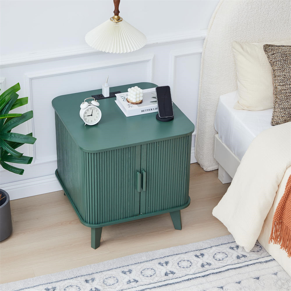 Green 24" Large Wood Fluted Square Side Table with Sliding Tambour Door and Charging Station