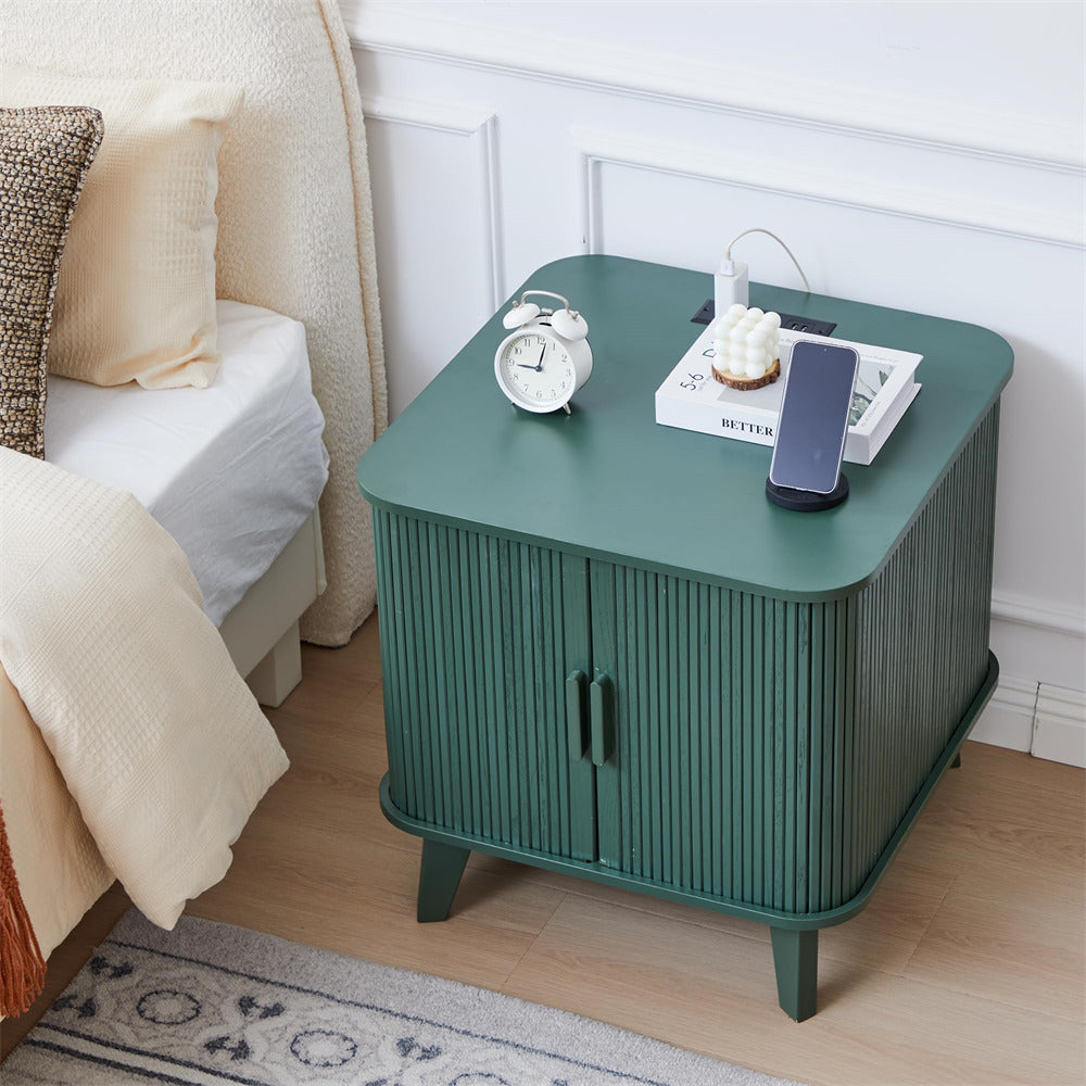 Green 24" Large Wood Fluted Square Side Table with Sliding Tambour Door and Charging Station