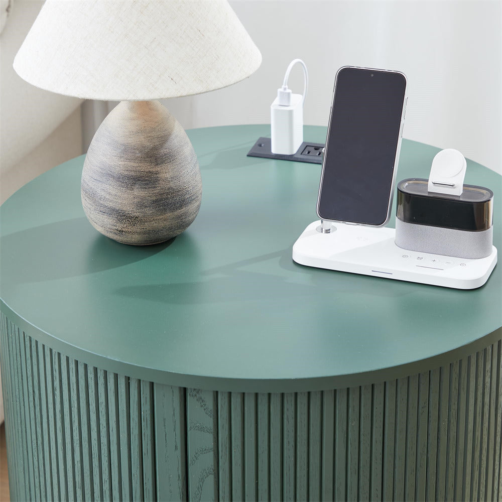 Green 24" Wood Round Fluted Sofa Side Table with Charging Station and Sliding Tambour Door