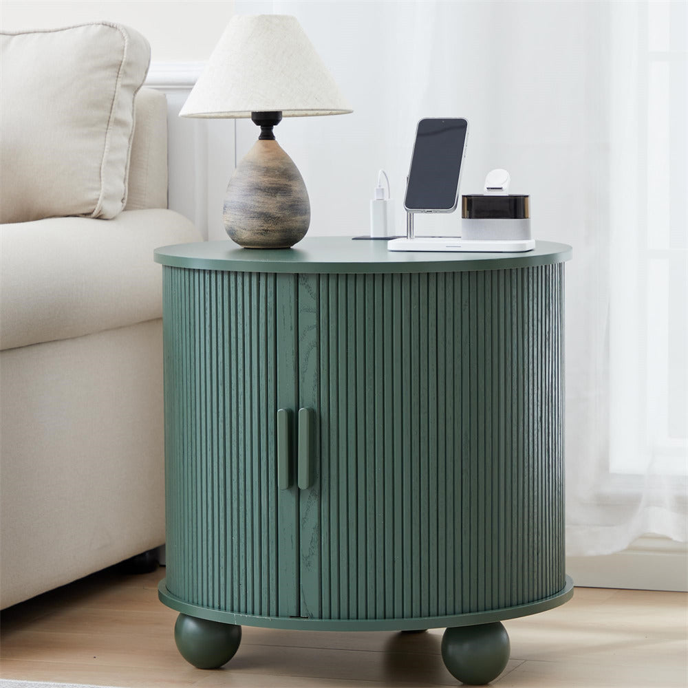 Green 24" Wood Round Fluted Sofa Side Table with Charging Station and Sliding Tambour Door