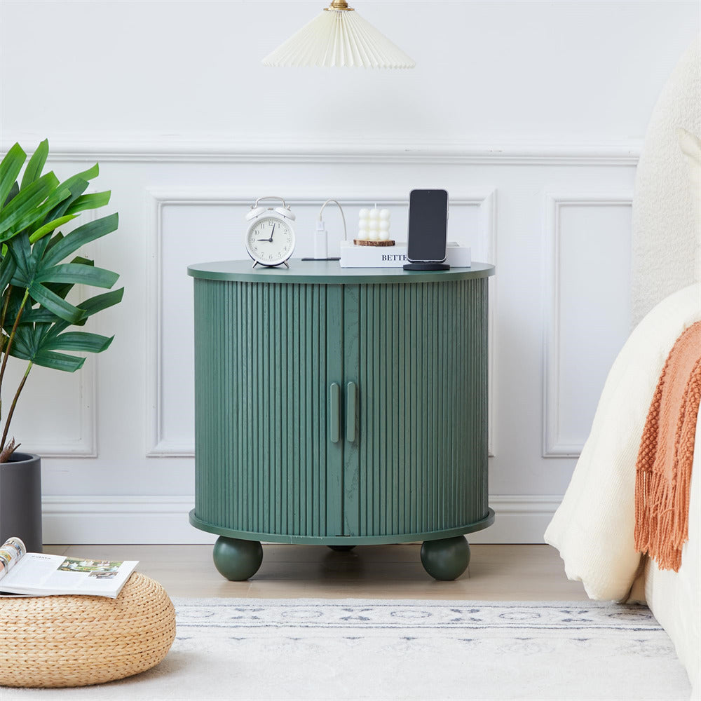 Green 24" Wood Round Fluted Sofa Side Table with Charging Station and Sliding Tambour Door