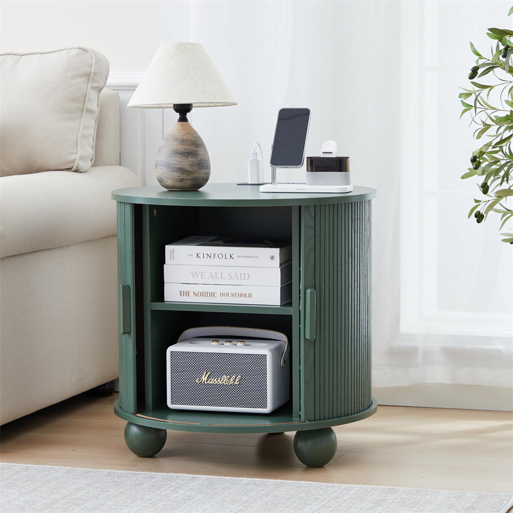 Green 24" Wood Round Fluted Sofa Side Table with Charging Station and Sliding Tambour Door