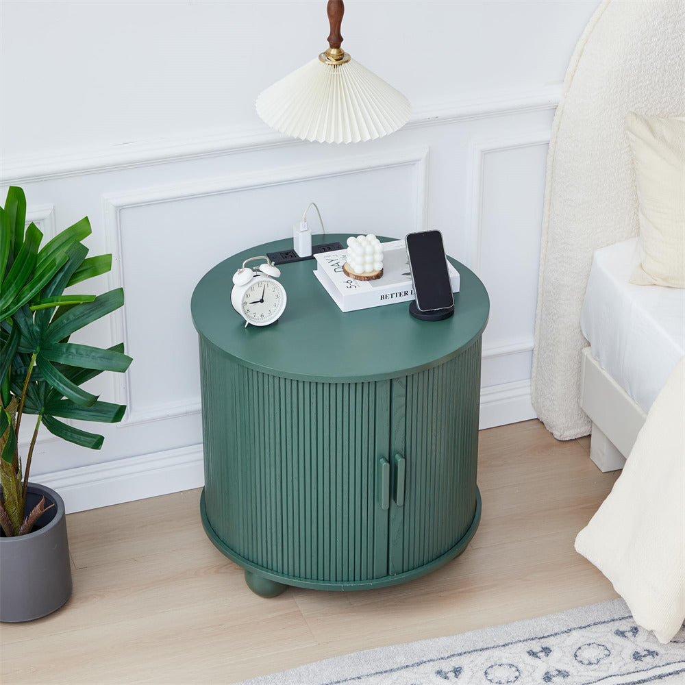 Green 24" Wood Round Fluted Sofa Side Table with Charging Station and Sliding Tambour Door