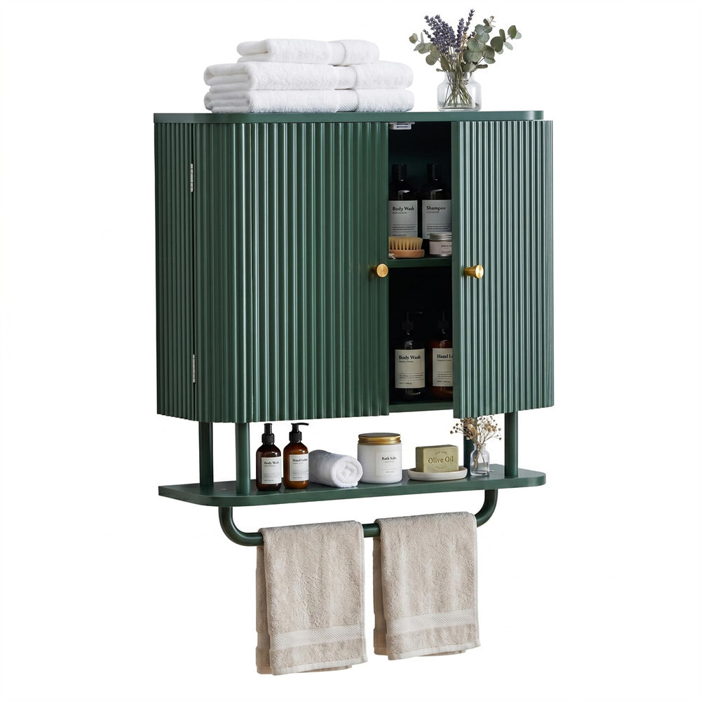 Green 24''W Fluted Wall Mounted Bathroom Cabinet with Towel Bar and Adjustable Shelf