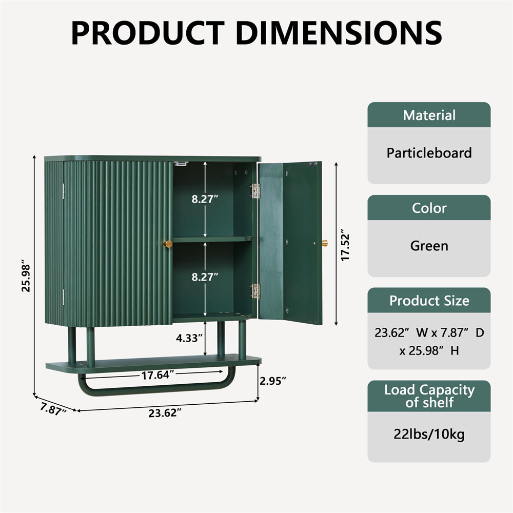Product dimensions diagram for a green particleboard storage cabinet with an open door, showing measurements, material, color, size, and load capacity on a light gray background.