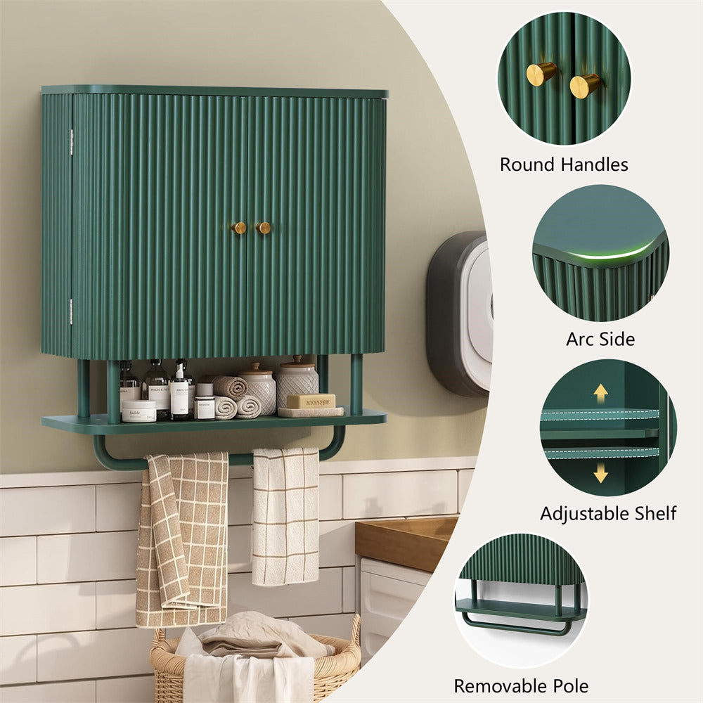 Green wall-mounted bathroom storage cabinet with a slatted ribbed door, round gold knobs, an adjustable shelf, and a removable pole, shown in a bathroom setting with feature callout circles on the right.