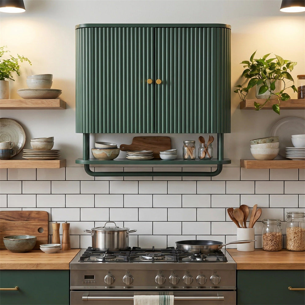 A dark green ribbed wall-mounted kitchen cabinet with a matching open shelf below, installed in a modern kitchen with white subway tile backsplash, wooden countertops, and stainless steel cookware.
