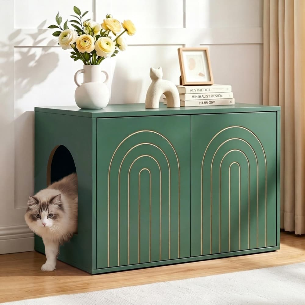 Green 31.5" Hidden Cat Litter Box Enclosure Push-to-Open Double Doors Fluted Arched Fluted Design