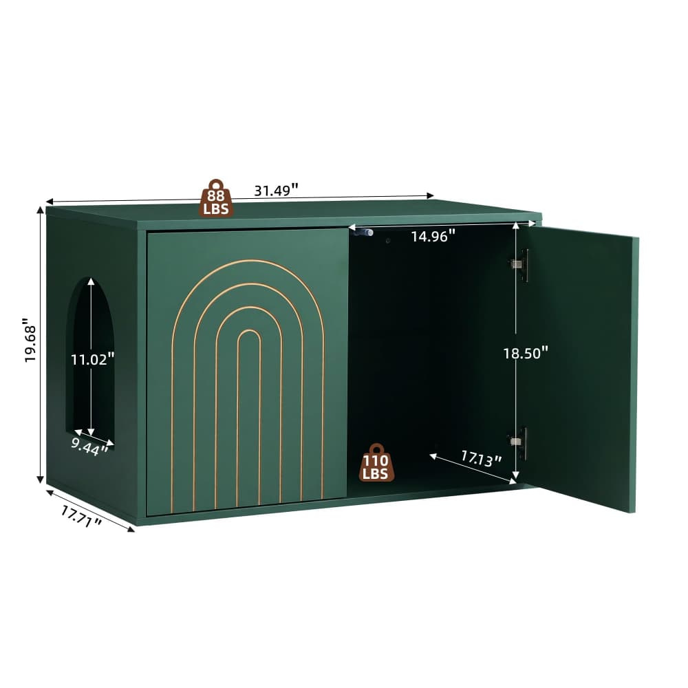 Green 31.5" Hidden Cat Litter Box Enclosure Push-to-Open Double Doors Fluted Arched Fluted Design